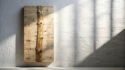 Aufkleber - Sunlight Illuminates Minimalist Wooden Panel Art Featuring Natural Branch Inlay
