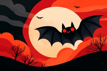 Fototapete - A flat 2D illustration of a vampire bat flying against a full moon, drawn with bold lines and a simple color scheme of black and red