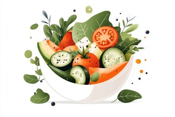 Aufkleber - A flat design of a vegetable salad bowl, featuring simplified shapes of lettuce, tomatoes, and cucumbers, drawn in vibrant colors on a white canvas