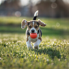 beagle puppy playing with a red ball in the field