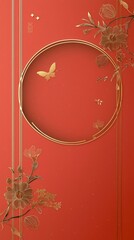 Wall Mural - Minimalist Red Background with Gold Frame and Floral Border for Chinese New Year Celebrations Featuring Butterfly and Blossoms