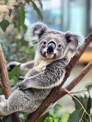 Wall Mural - koala relaxing on eucalyptus branch, zoo background, wildlife photography, nature conservation
