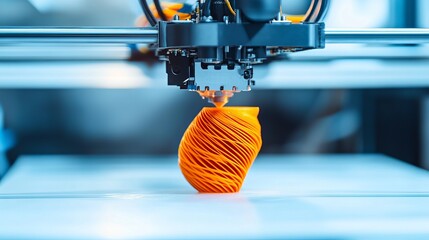 Wall Mural - a precision 3d printer in action with a detailed model being printed, clean and minimal setup, innov