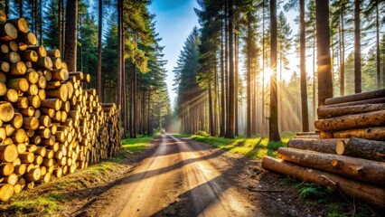 Poster - Sunlit Forest Road with Stacks of Timber Logs