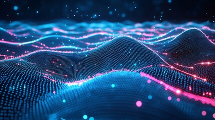 Wall Mural - abstract digital waveform glowing blue and pink particle field background