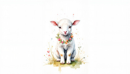 Wall Mural - Charming lamb adorned with Easter garland, spring symbolism