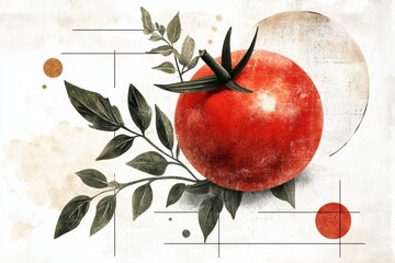 Poster - A simple design of a tomato with its vine, drawn in clean lines and soft red and green hues on a minimalist white canvas