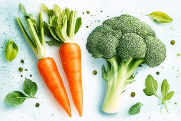 Poster - A simple line art illustration of a carrot and a broccoli head, drawn in clean lines with soft pastel orange and green tones on a white background