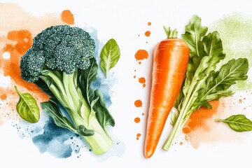 Poster - A simple line art illustration of a carrot and a broccoli head, drawn in clean lines with soft pastel orange and green tones on a white background