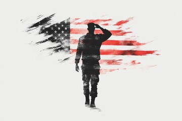 A simple line art illustration of a veteran saluting, with a clean silhouette of a flag in the background on a white canvas