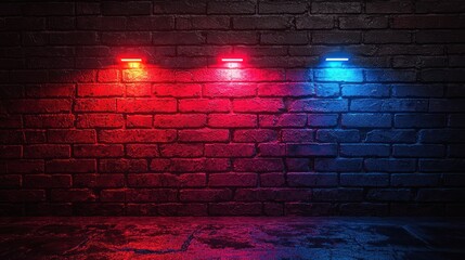 Wall Mural - Brick wall, red and blue lights.