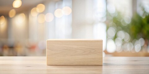 Poster - Simple Wooden Block on Tabletop with Blurred Background