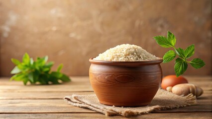 Wall Mural - A rustic bowl of uncooked rice sits on a wooden table with burlap and fresh herbs