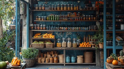 Wall Mural - Rustic pantry shelf filled with jars, spices, and greenery