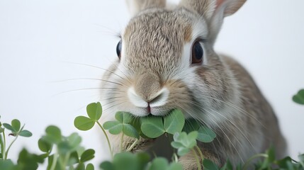 Wall Mural - 49. A rabbit chewing on clover, with its nose twitching, set against a white background