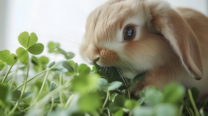 Wall Mural - 49. A rabbit chewing on clover, with its nose twitching, set against a white background