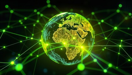 Global Network Connection: Futuristic Green and Yellow Earth with Illuminated Lines and Nodes Representing Digital Interconnectivity and Worldwide    