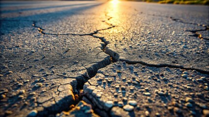Fototapete - Close-up view of cracked asphalt road surface at sunset