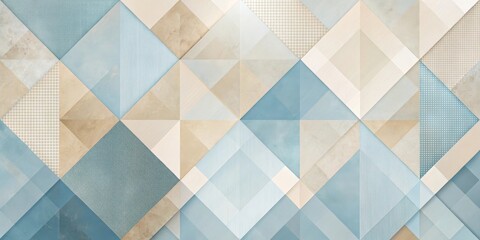 Poster - Abstract Geometric Pattern with Textured Diamond and Triangle Shapes in Soft Blue and Beige Tones