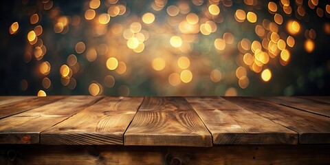 Leinwandbilder - Rustic Wooden Tabletop with Warm, Golden Bokeh Background, Ideal for Product Displays or Festive Designs