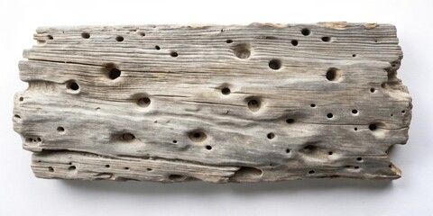 Aufkleber - A weathered piece of driftwood with numerous holes, showing signs of age and exposure to the elements