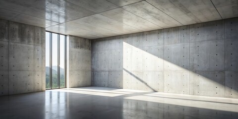 Poster - Sunlit Minimalist Concrete Room Interior Design with Large Window