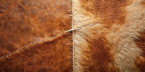 Aufkleber - Stitched Leather and Fur Texture Background Featuring a Detailed Close-Up of Brown and Tan Material with Off-White Stitching