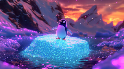 Wall Mural - cute penguin stands on glowing ice floe in vibrant, colorful landscape