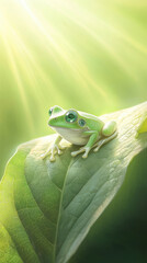 Wall Mural - vibrant green frog with emerald eyes sits leaf, basking sunlight. serene atmosphere evokes sense of tranquility and nature