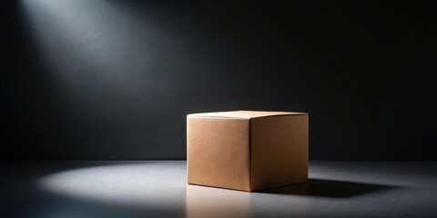 Poster - A solitary cardboard box sits illuminated in a darkened room, a simple yet impactful still life image.
