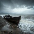 © Imagination  World - A dramatic coastal scene featuring an abandoned boat on a stormy beach, blending nature's elements with solitude.
