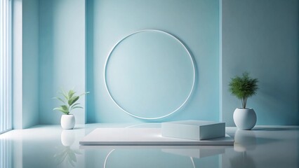 Leinwandbilder - Minimalist Blue Room with Product Display Platform and Plants