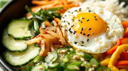 Wall Mural - Close-up of rice and Korean bibimbap with mixed vegetables and beef in a stone bowl, emphasizing vibrant and balanced nature. Ideal for Korean cuisine and nutritious meals.