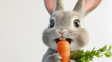 Wall Mural - 3. A rabbit nibbling on a carrot, its ears perked up, with a clean white background