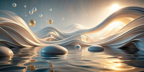 Aufkleber - Serene Abstract Landscape with Floating Orbs and Gentle Waves Under a Golden Sun