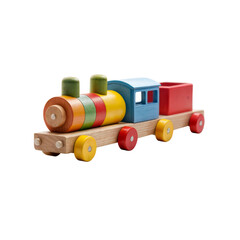 Wooden Toy Train:  A colorful, charming, and whimsical wooden train with a blue engine, a red caboose, and colorful stacked rings on the engine is ready for imaginative play.  