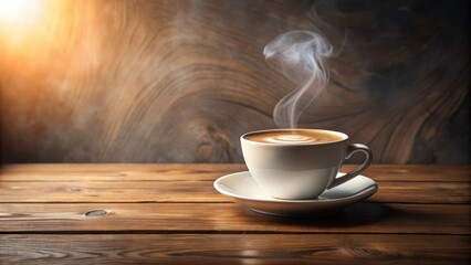 Canvas Print - Aromatic Steaming Coffee in a White Cup on Rustic Wooden Table