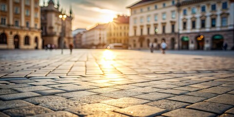 Leinwandbilder - Golden Hour Glow on a Cobblestone Square, Buildings in Soft Focus Background