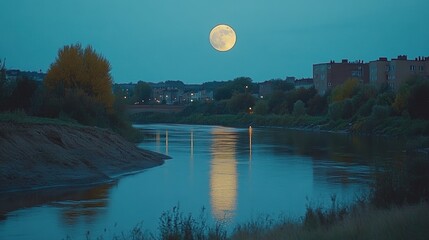 Wall Mural - Serene Moonlit River Reflection Under Night Sky in Autumn Evening