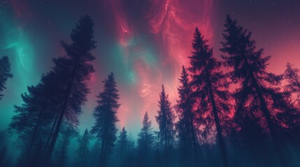 Wall Mural - Ethereal Forest Under Cosmic Sky with Neon Colors and Stars