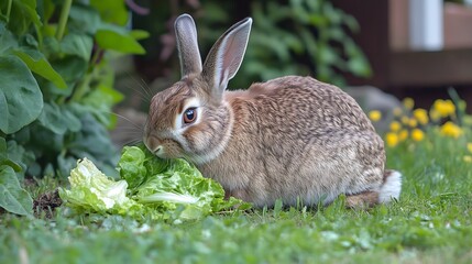 Wall Mural - 35. A rabbit eating lettuce, sitting on the ground with a white background