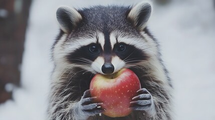 Wall Mural - 37. A raccoon eating an apple, sitting in front of a white background