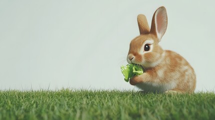 Wall Mural - 41. A rabbit nibbling on lettuce, sitting on the grass with a plain white background