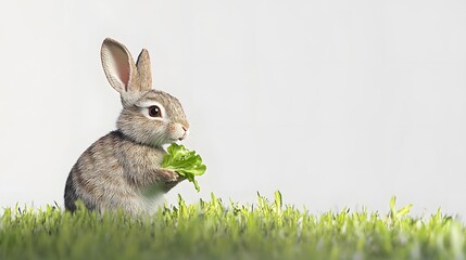 Wall Mural - 41. A rabbit nibbling on lettuce, sitting on the grass with a plain white background