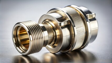 Poster - High-precision metallic connector for industrial applications featuring a threaded fitting and a locking mechanism