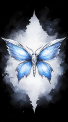 Wall Mural - stunning silver moth with glowing blue wings against dark background, evoking sense of wonder and beauty