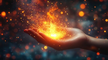 Wall Mural - Glowing Fire Sparks Emanating from Open Hand with Colorful Background