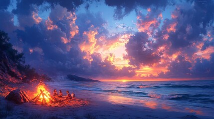 Sticker - Beach Bonfire Under a Vibrant Sunset Sky