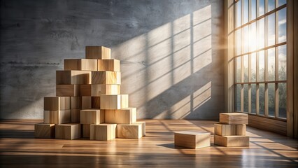Aufkleber - Sunlit Room with Stacked Wooden Cubes and Small Wooden Blocks