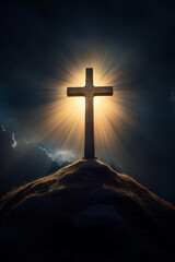 Wall Mural - Bright light shining behind cross on hilltop at night